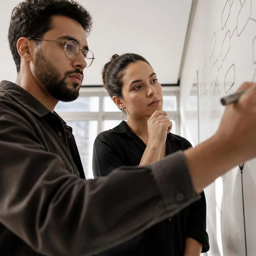 Duas participantes de pé junto ao quadro branco, desenhando as partes de um argumento