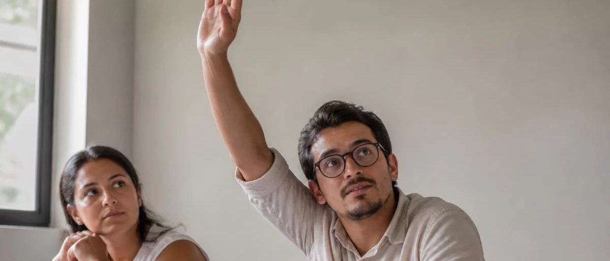 Participante com a mão erguida pedindo a vez, à mesa coberta de folhas escritas